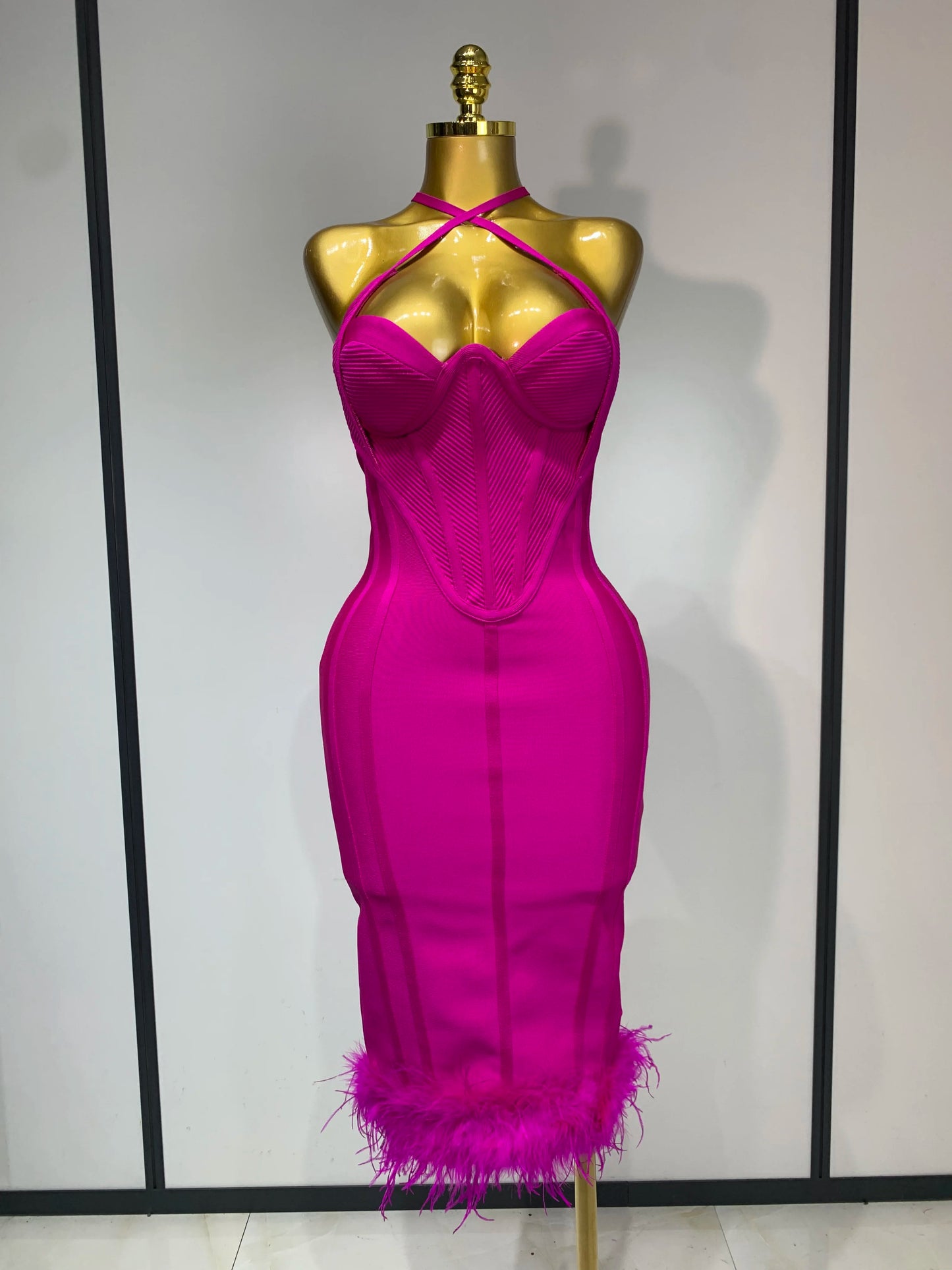 Sexy Sleeveless Backless Feather Midi Bandage Celebrity Evening Party Birthday Dress