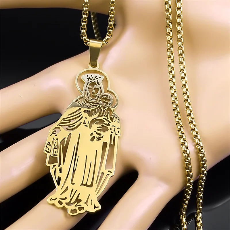 Virgin Mary Christian Women Men Stainless Steel Gold Color Pendant Necklace