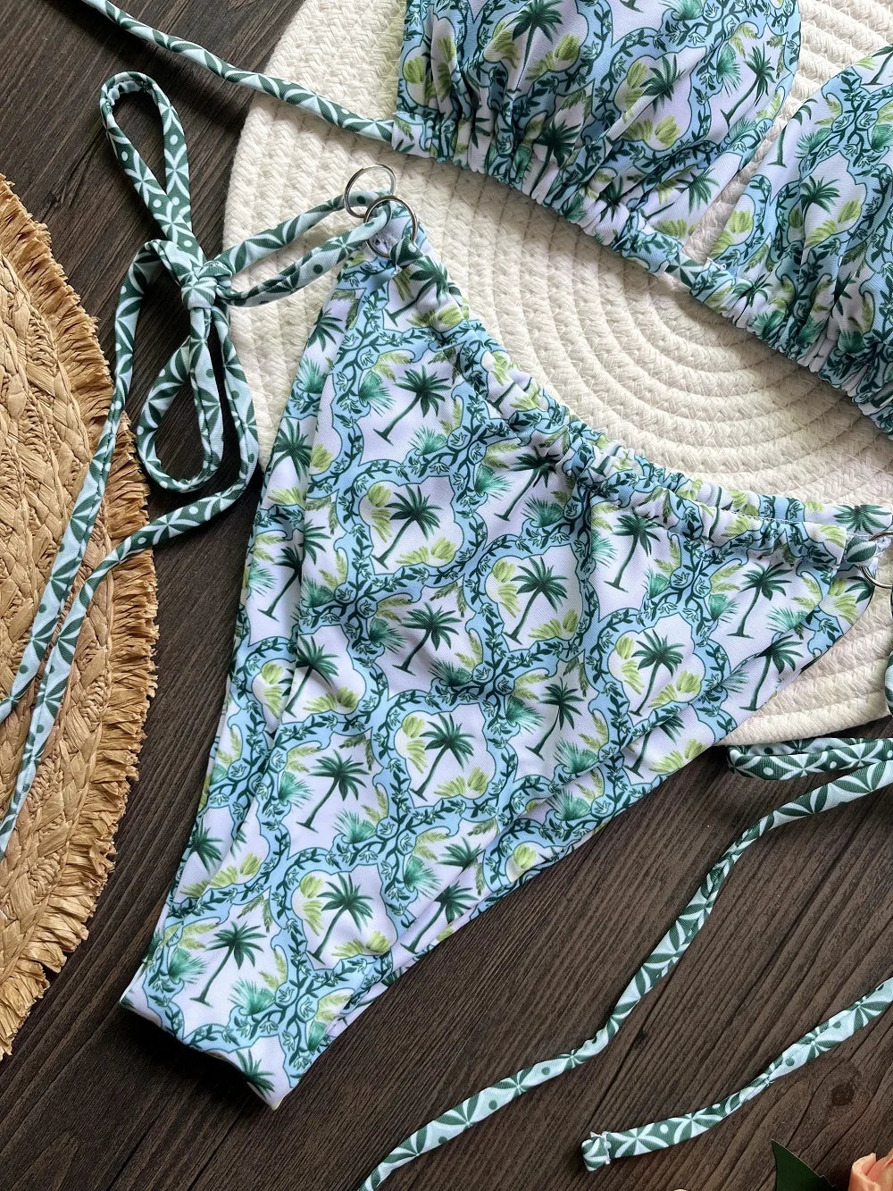 Sexy Triangle Coconut Tree Print Bikini Two-piece Halter Swimwear Brazilian Bathing Suit