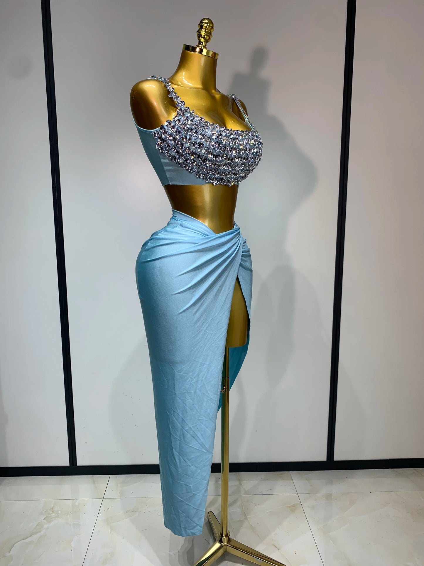 Women Sparkly Rhinestone Crop Tops Long Skirt Two Pieces Birthday Party Dinner Dress
