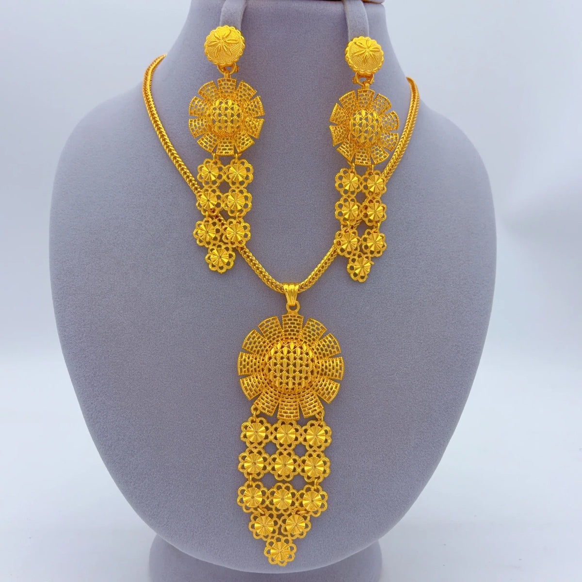 Indian Bridal Women African Dubai Gold Plated Long Wedding Party Necklace Earrings Jewelry Set