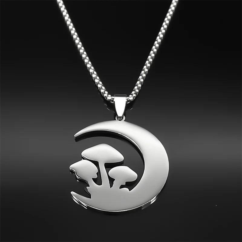 Witchcraft Moon Mushroom Pendant Necklace For Women Men Stainless Steel Silver Color Sun Trend Aesthetic Chain Jewelry Gifts