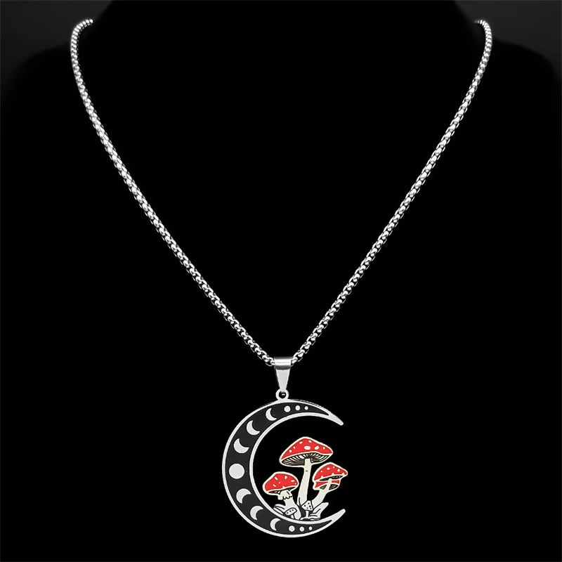 Witchcraft Moon Mushroom Pendant Necklace For Women Men Stainless Steel Silver Color Sun Trend Aesthetic Chain Jewelry Gifts