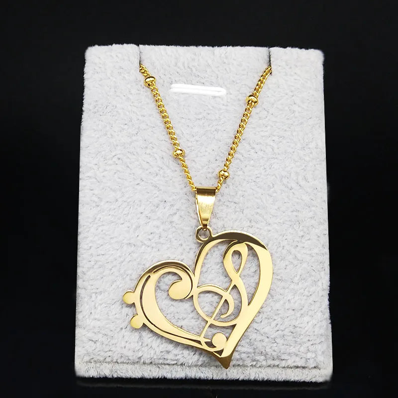 Aesthetic Heart Musical Note Stainless Steel Gold Color Chain Necklace