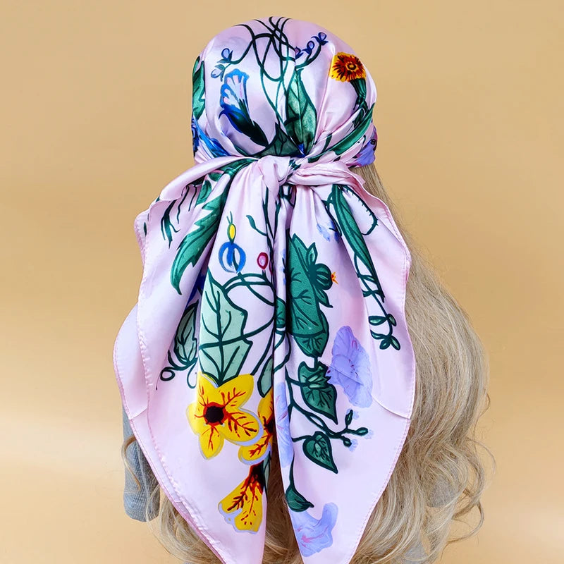 90cm Women Four Seasons Square Silk Satin Bandana Wrap Shawl Scarves Scarfs Spk7