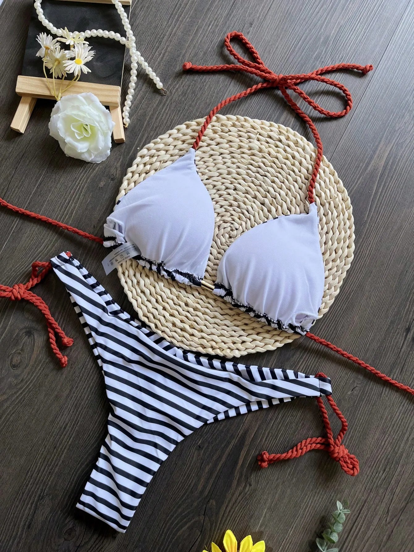 Sexy Micro Stripe Print Braiding Rope Swimwear Bathing Suit Brazilian Bikini