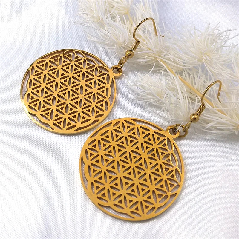 Women Men Flower of Life Stainless Steel Gold Color Mandala Long Necklace
