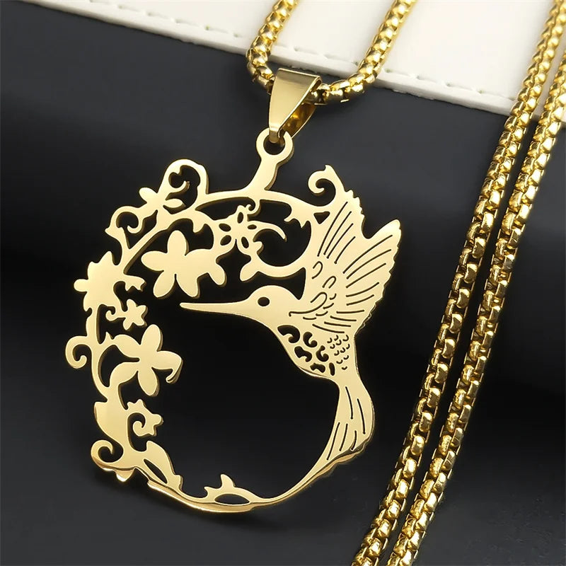Bird Hummingbird Flower Necklace for Women Men Stainless Steel Gold Color Animal Pendant Necklaces Jewelry collar colibri N4626S