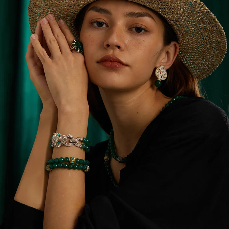 Vintage Green Beads Women Rhinestones Leopard Head Bangles Eye Bracelets