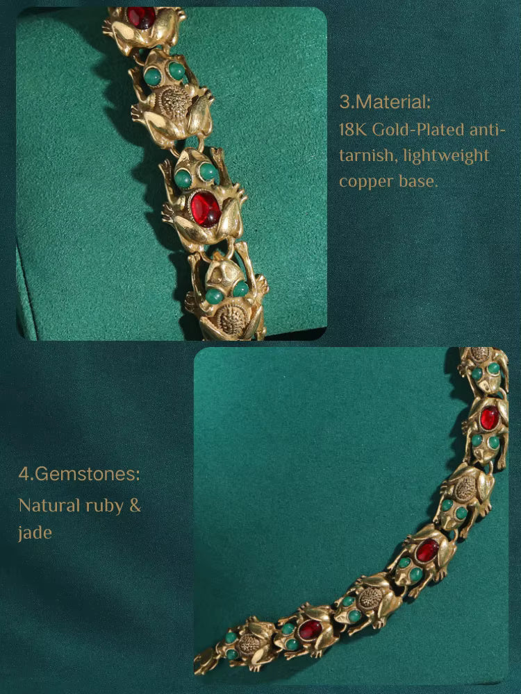 Women Vintage Adjustable Frog Natural Stone Eyes 18K Gold Plated Charm Bracelet