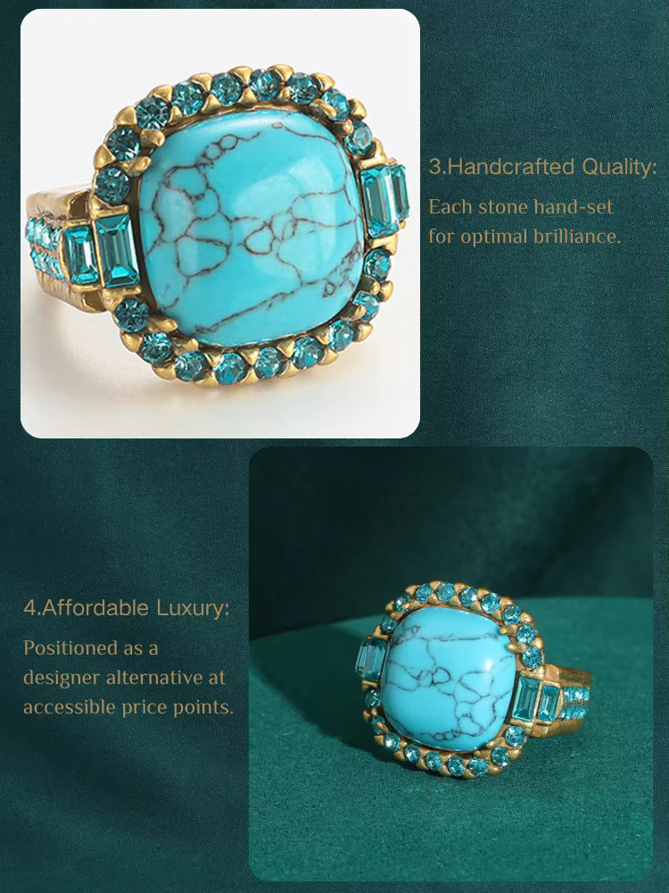 Vintage Art Deco Turquoise 18K Gold-Plated Prong-Set Stone Designer Ring