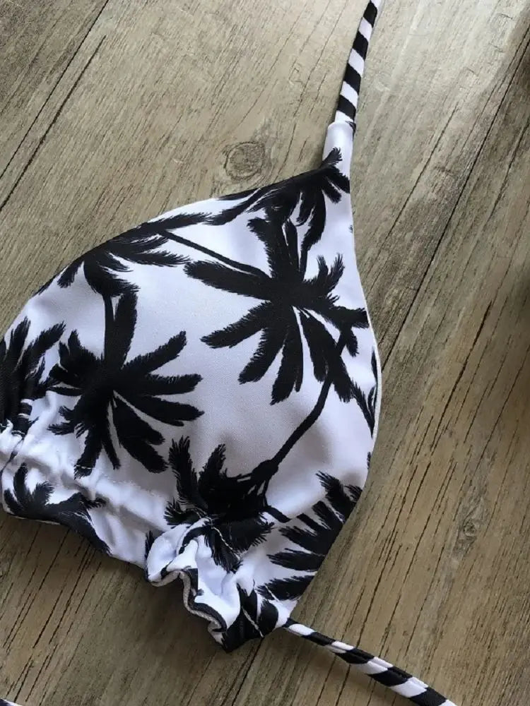 Sexy Black White Coconut Tree Printed Swimsuit Triangle Halter Bikini Brazilian Bathing Suits