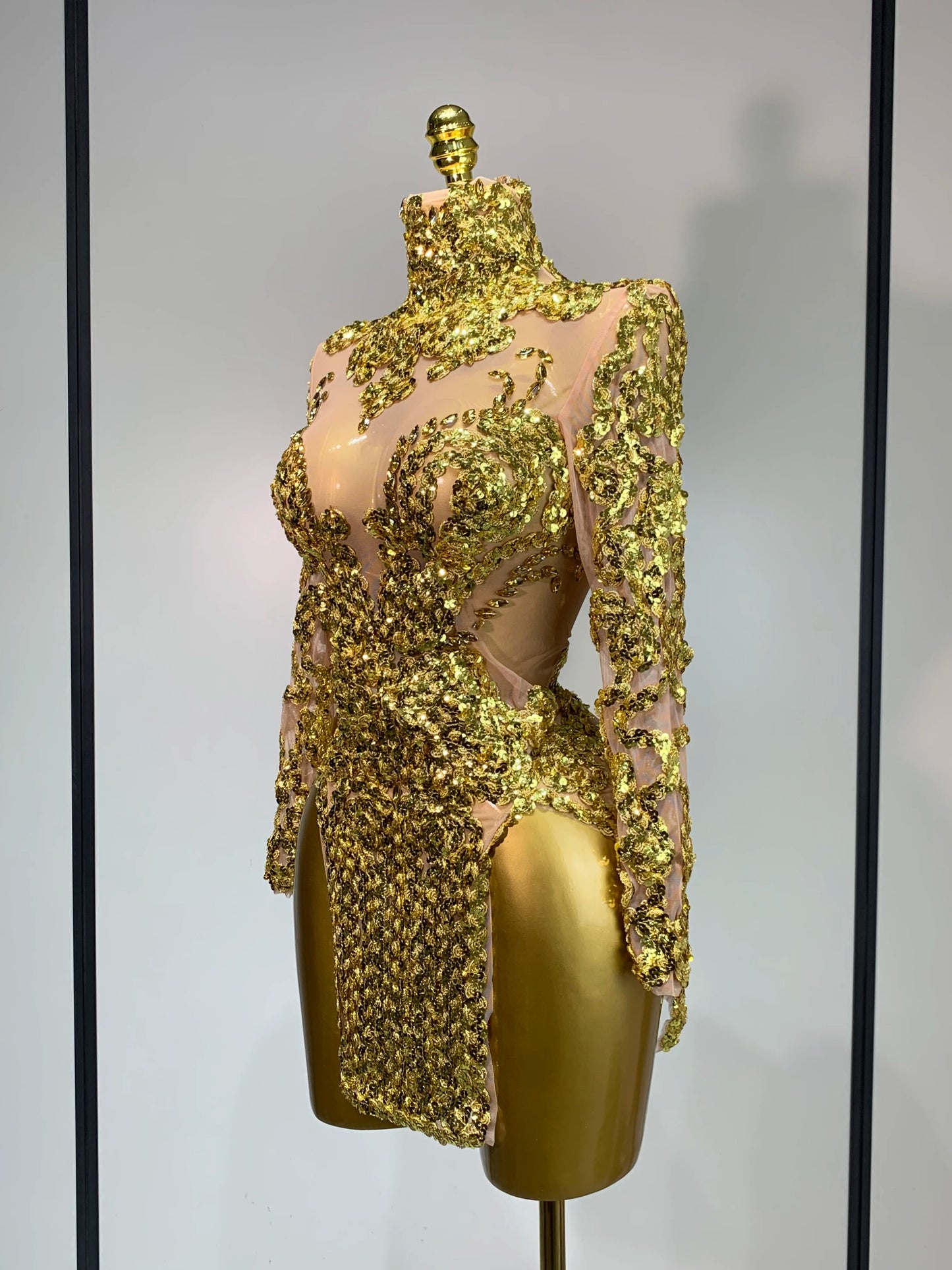 Sparkly Silver Gold Sequins Shor Sexy High Slit Nightclub Evening Party Birthday Dress