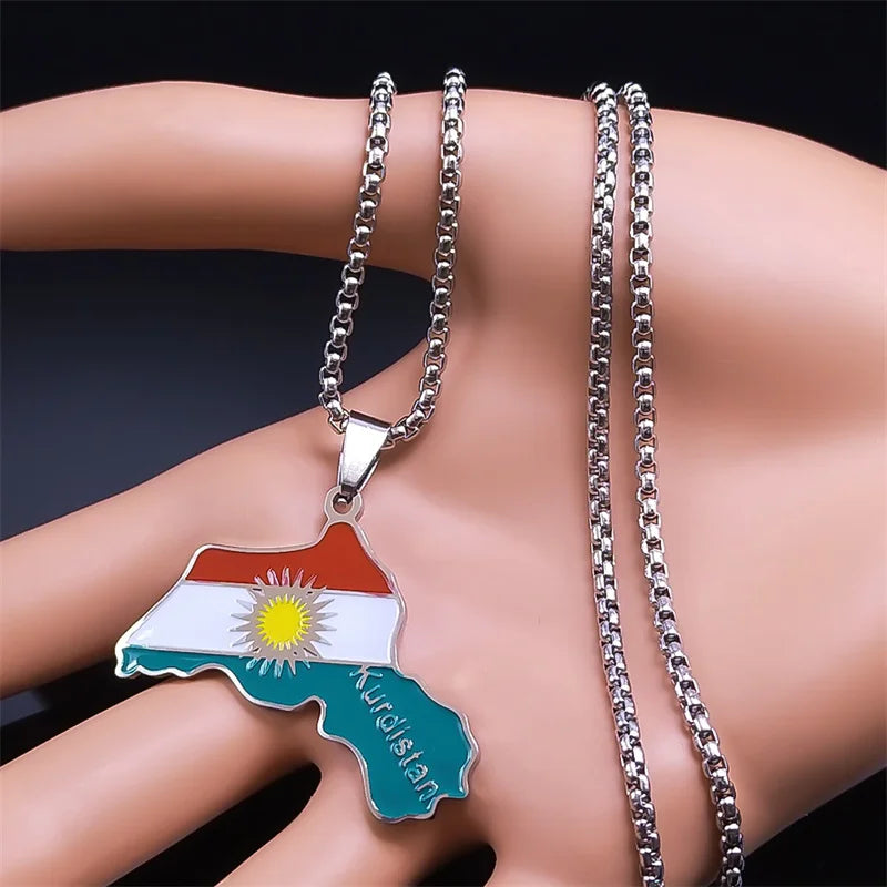 Women Men Kurdistan Afghanistan Region Flag Map Stainless Steel Pendants Necklace