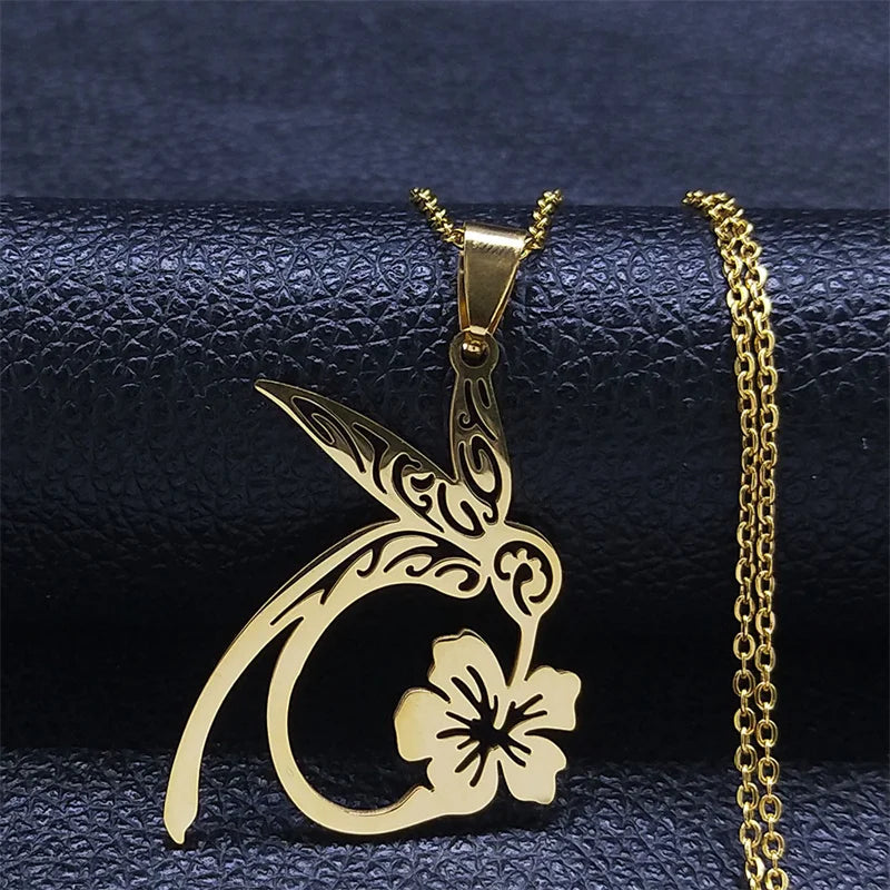 Bird Hummingbird Flower Necklace for Women Men Stainless Steel Gold Color Animal Pendant Necklaces Jewelry collar colibri N4626S