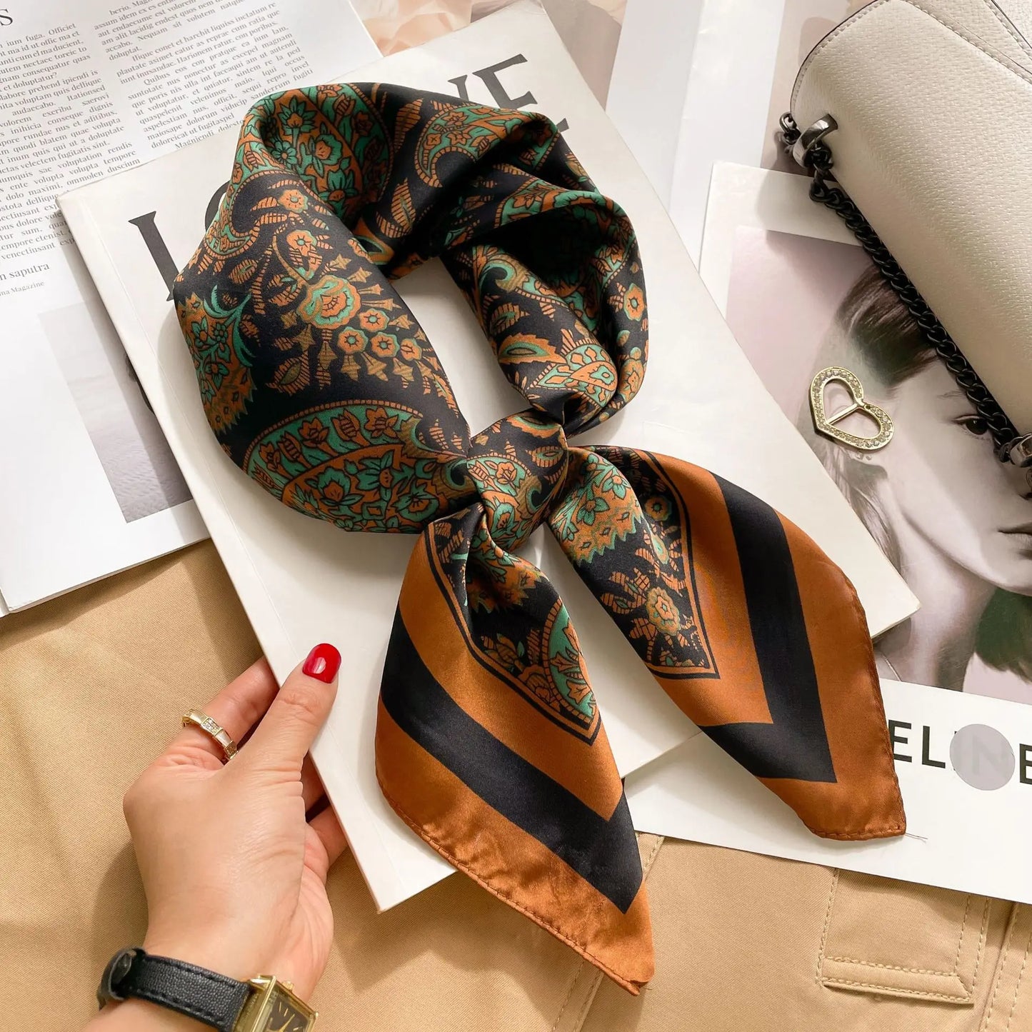 Women Silk Feeling Design Satin Square Scarf Wrap Shawl Scarves