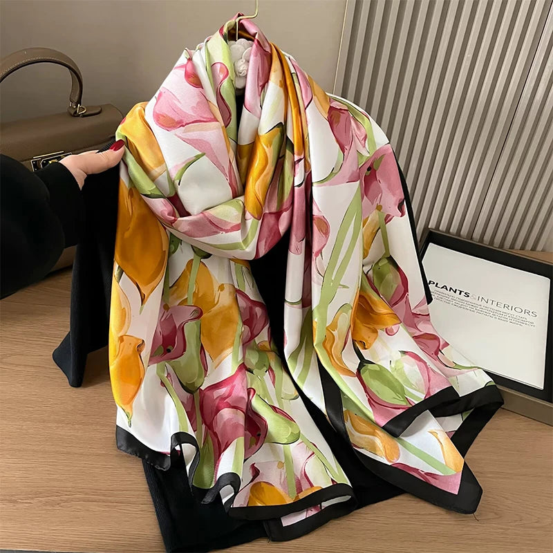Women Fashion Printed Shawls Wraps Soft Pashmina Bandana Silk Scarves