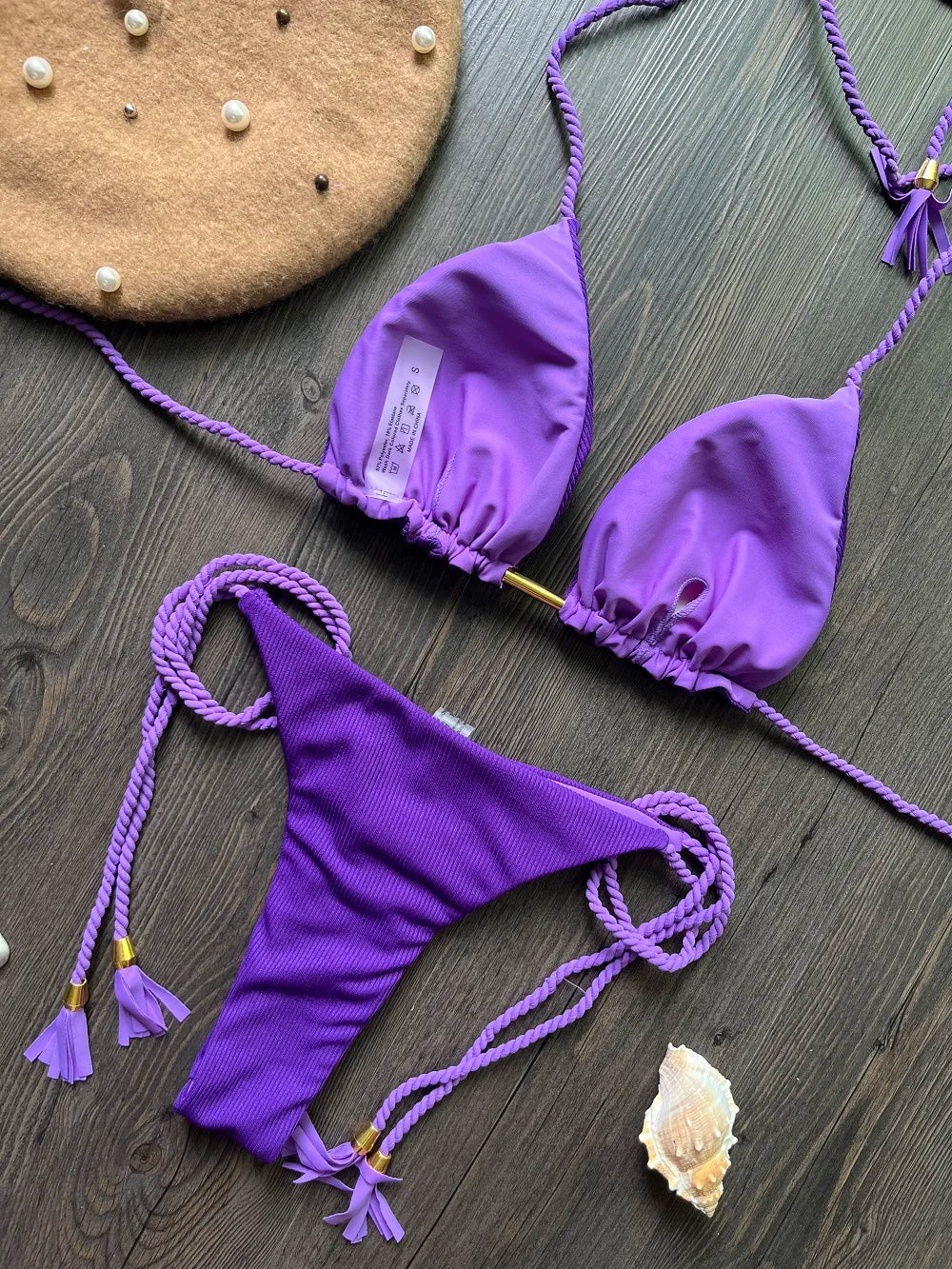 Sexy Solid Color Braiding Rope Bikini Swimsuit Two-piece Triangle Swimwear Bathing Brazilian Suits