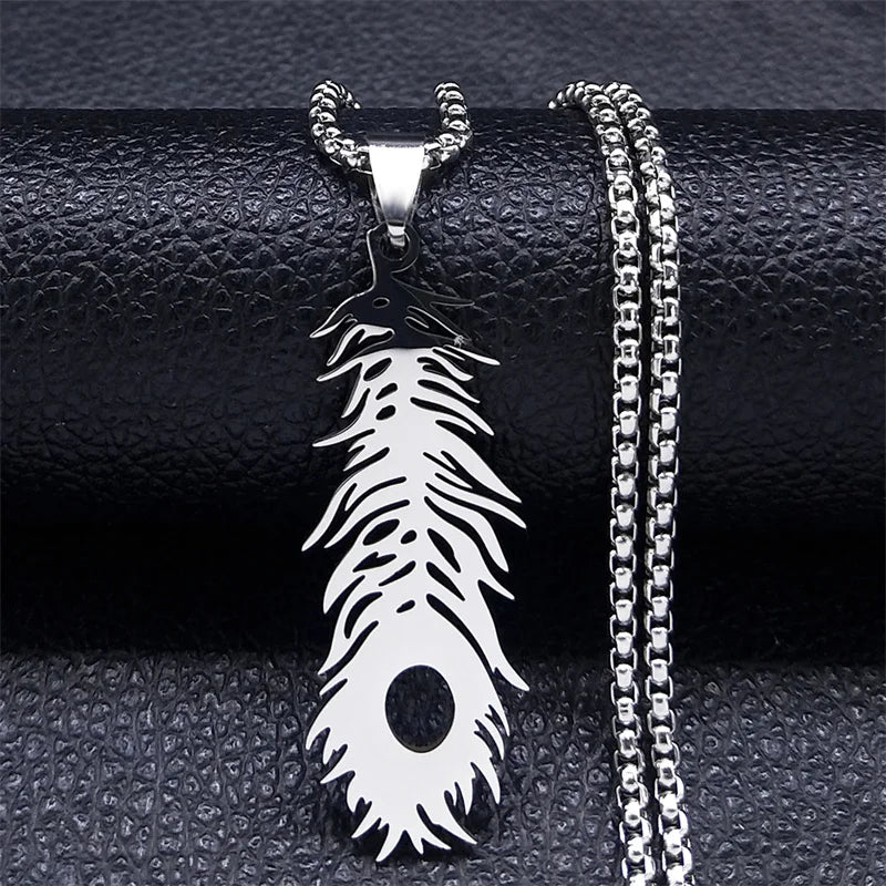 Boho Leaf Feather Women Men Stainless Steel Silver Color Chain Pendant Necklace