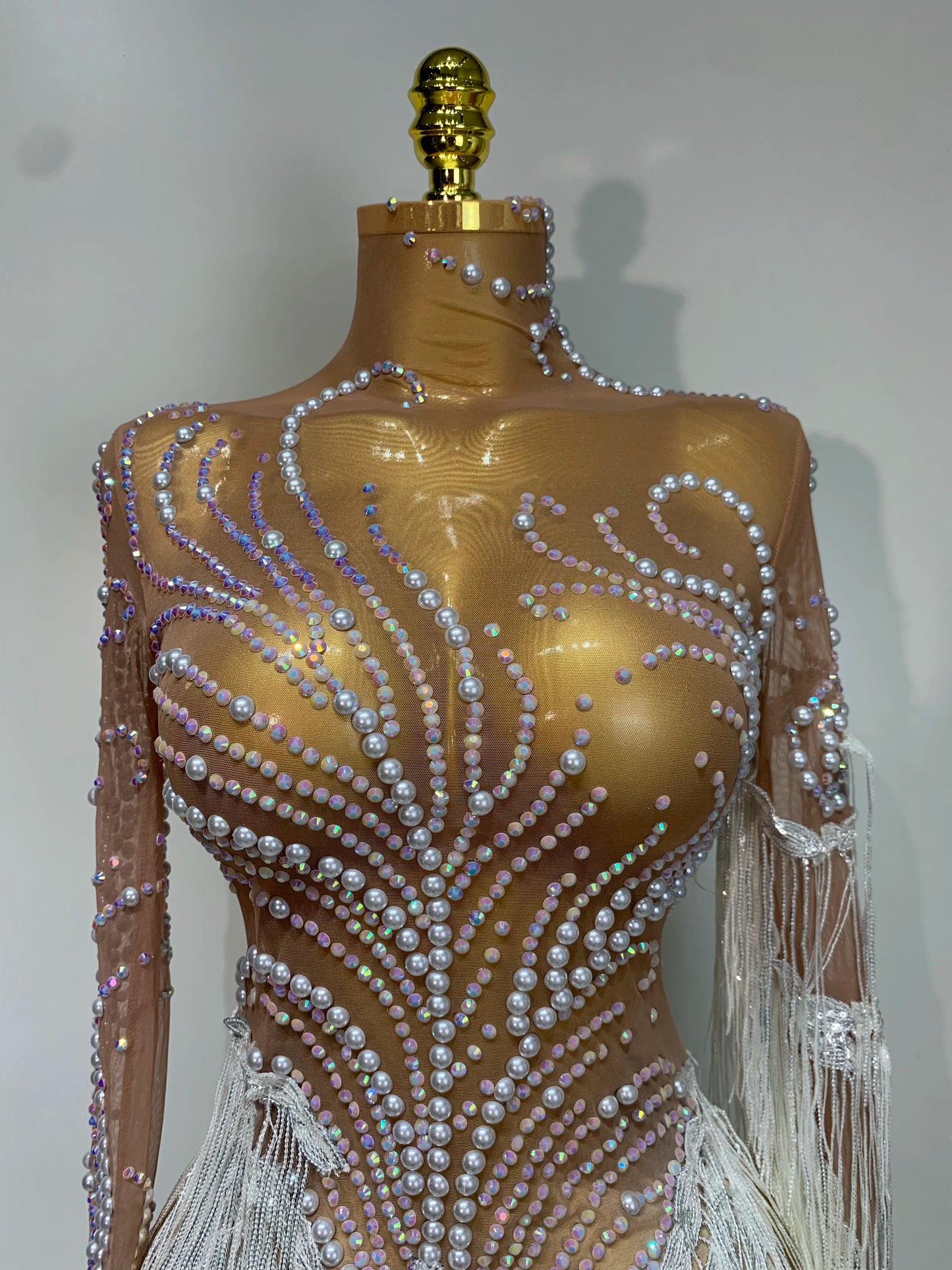 Sexy Rhinestone Sequins Tassel Mesh See Through Evening Party Nightclub Singer Sparkly Dress