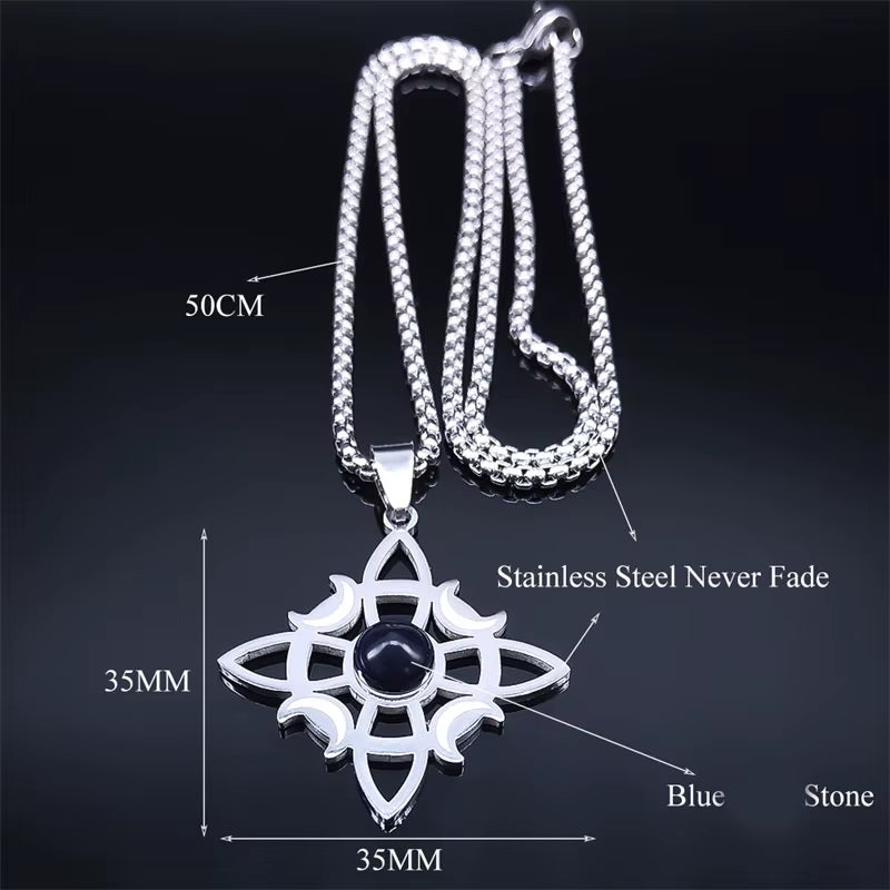 Stainless Steel Natural Stone Witch Amulet Wicca Celtic Knot Triple Moon Goddess Necklace