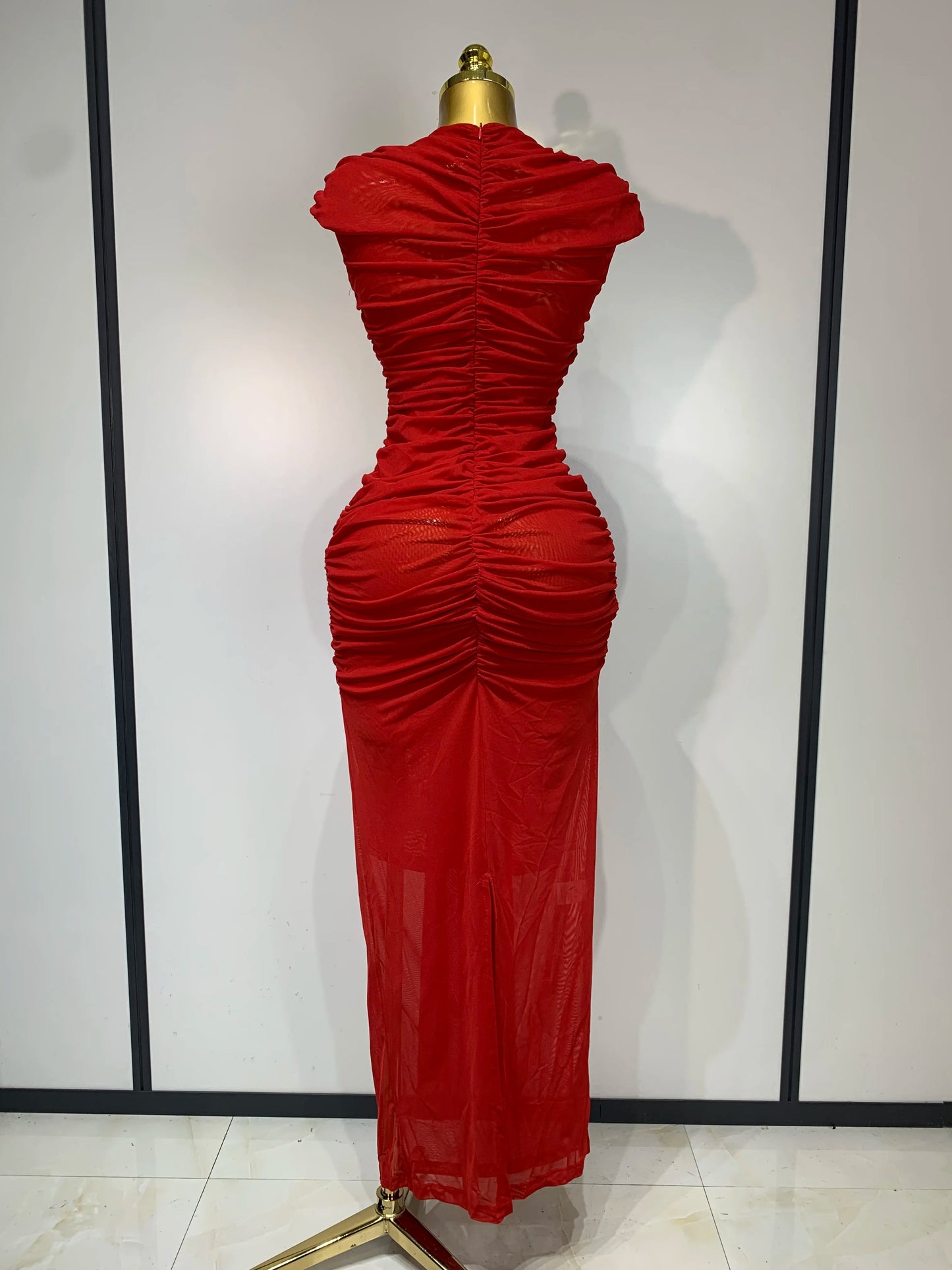 Sexy Sleeveless O-Neck Cut Out Bodycon Mesh Long Dress Celebrity Evening Party Club Dress