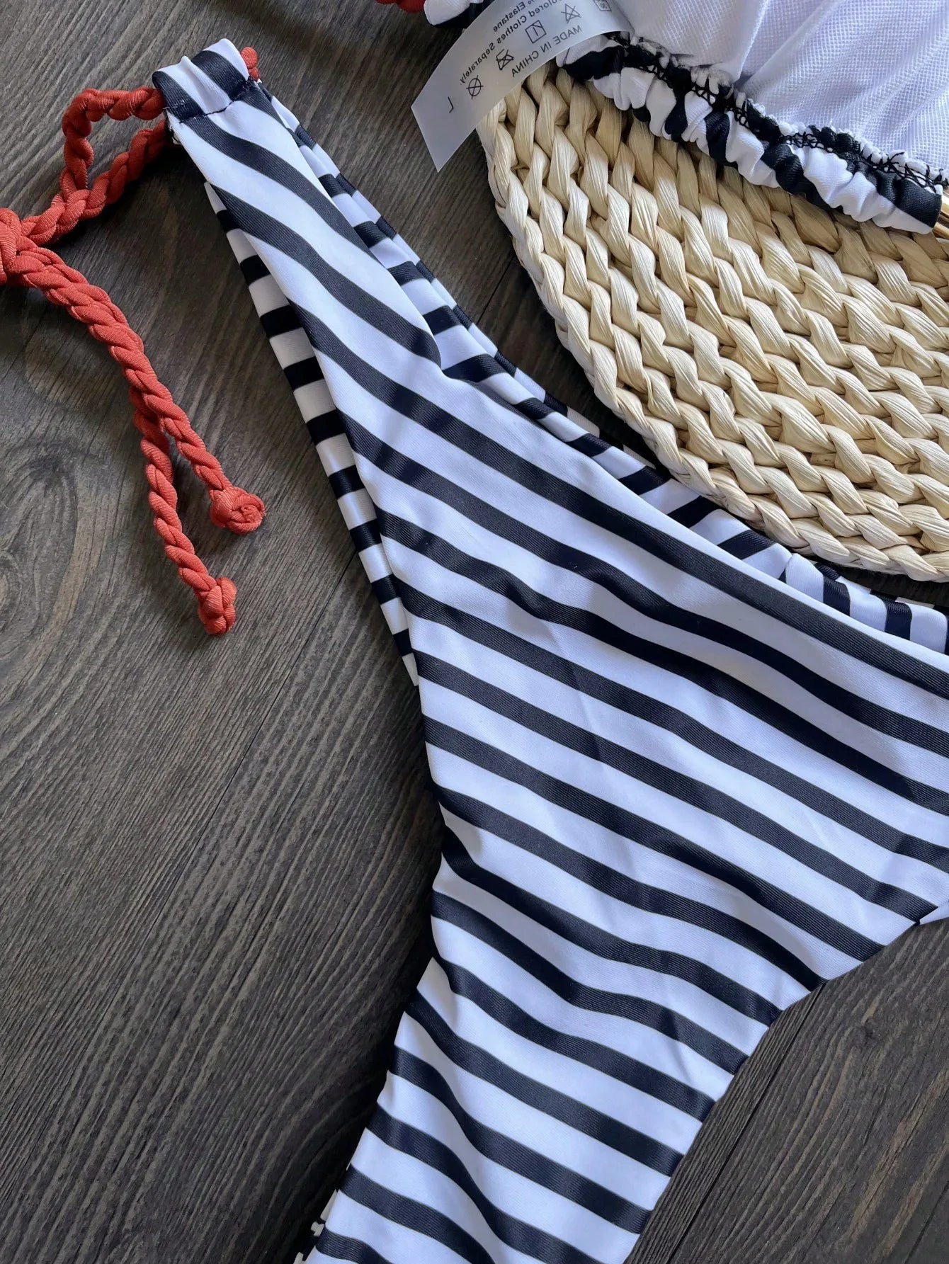 Sexy Micro Stripe Print Braiding Rope Swimwear Bathing Suit Brazilian Bikini
