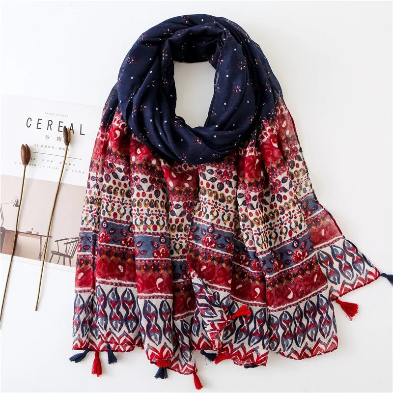 Women Fashion Large Cotton Flower Designs Tassel Prints Scarves Wrap Shawl Scarf