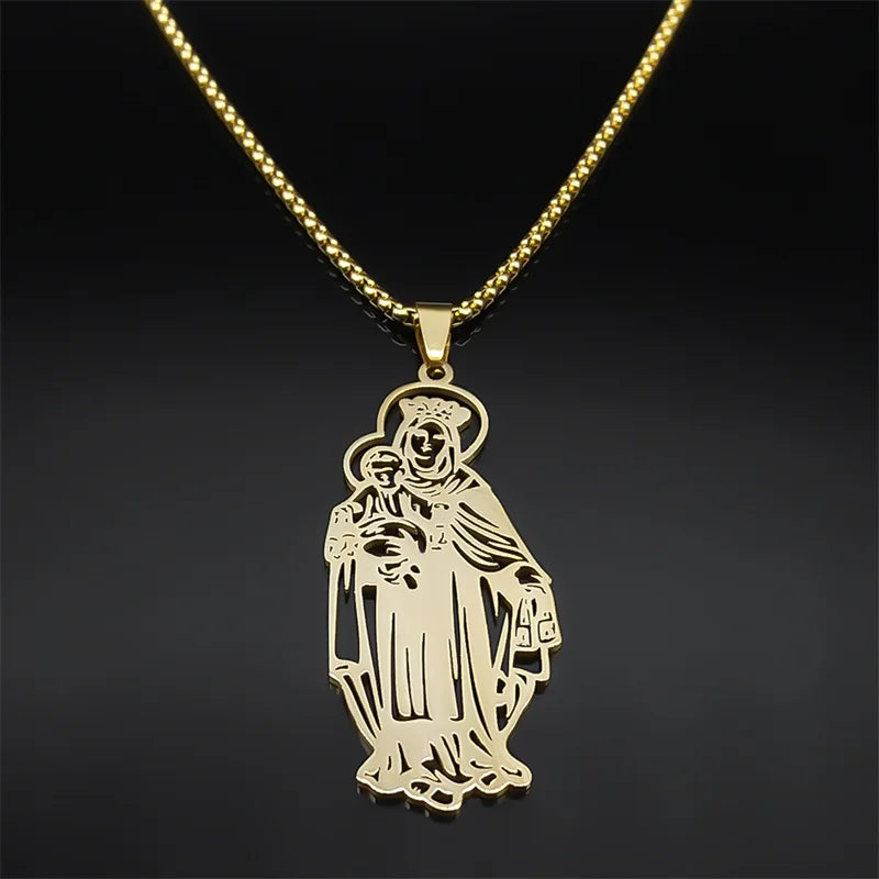 Virgin Mary Christian Women Men Stainless Steel Gold Color Pendant Necklace