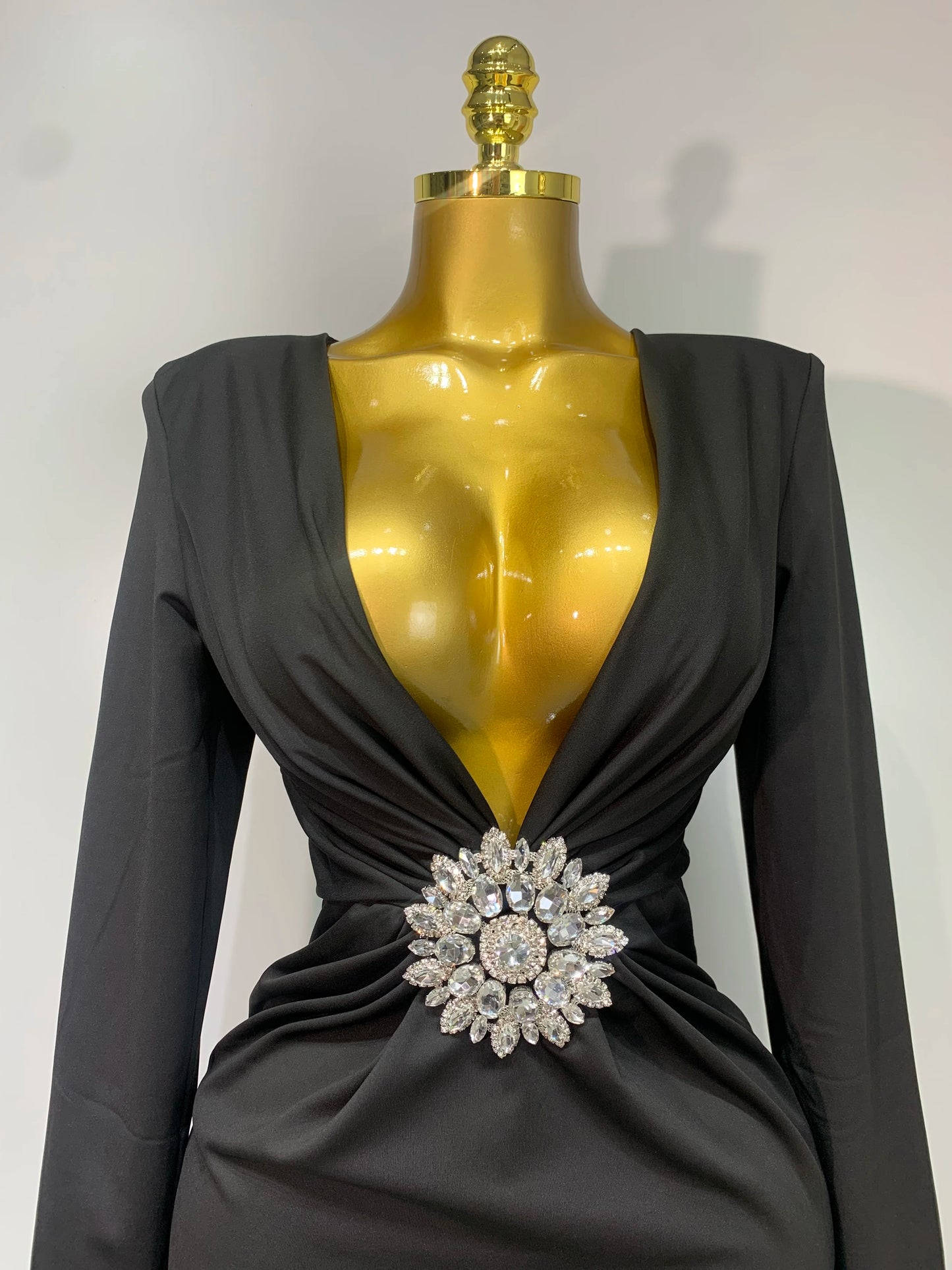 Black Diamond Bodycon Maxi Sexy Deep V Neck Long Sleeves Runway Party Evening Dress