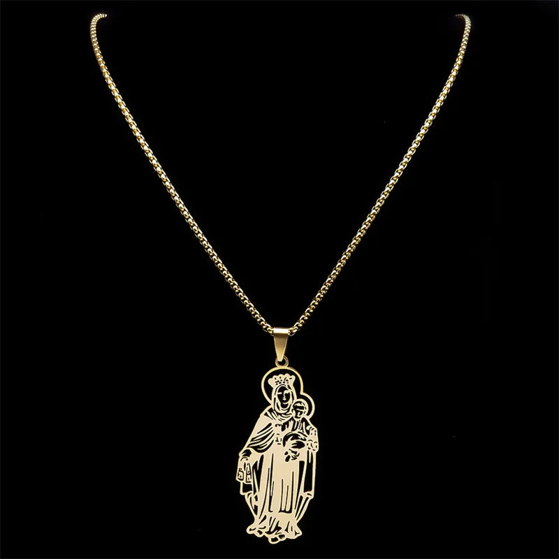 Virgin Mary Christian Women Men Stainless Steel Gold Color Pendant Necklace