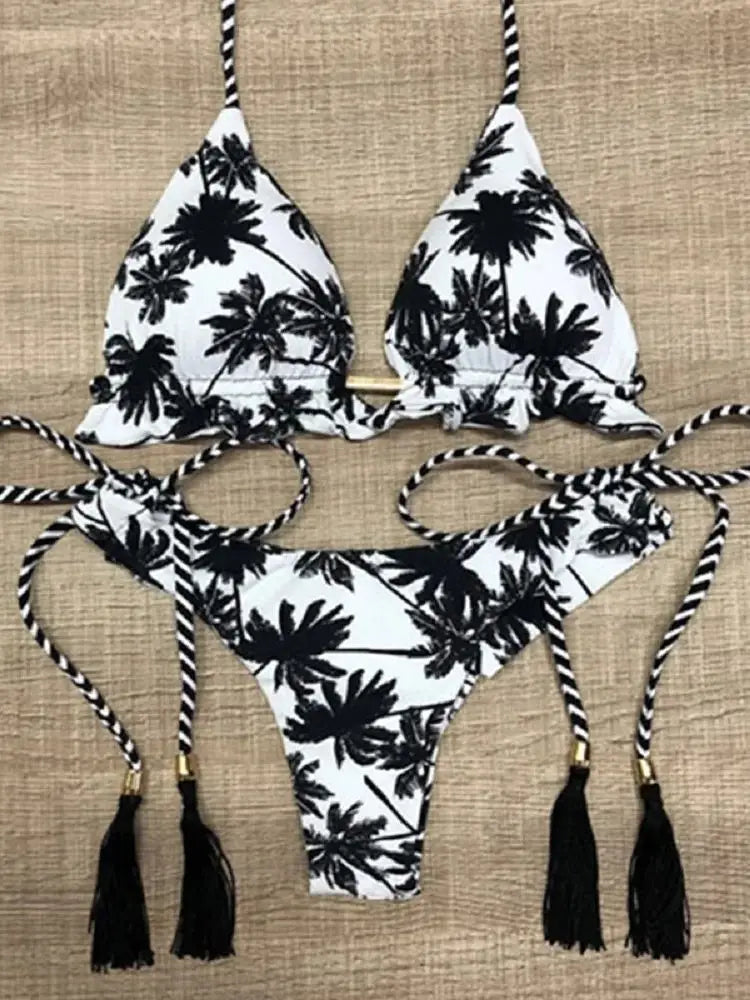 Sexy Black White Coconut Tree Printed Swimsuit Triangle Halter Bikini Brazilian Bathing Suits