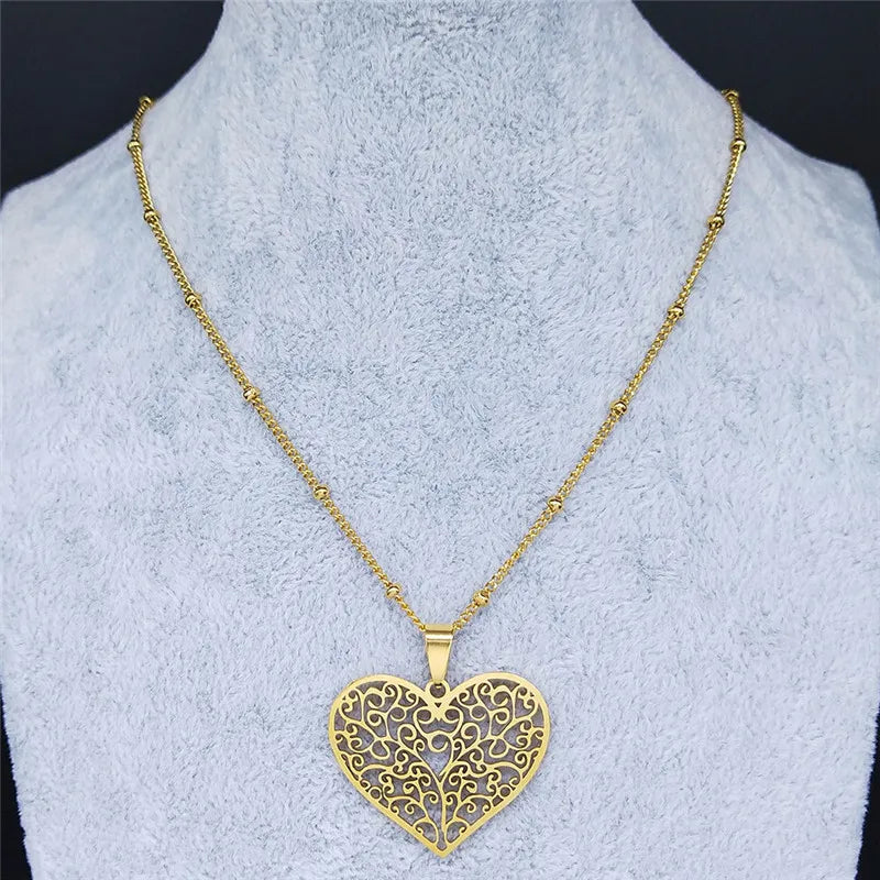 Aesthetic Love Heart Tree of Life Hollow Stainless Steel Gold Color Bead Chain Pendant Necklace