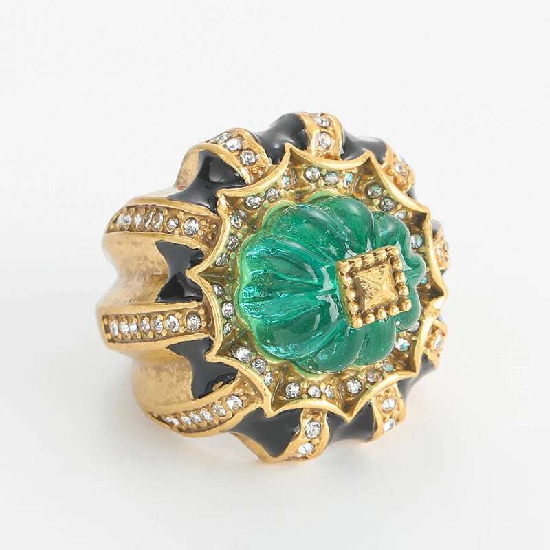 Women Vintage Pumpkin Blue Crystal Open Black Dripping Oil Halloween Ring