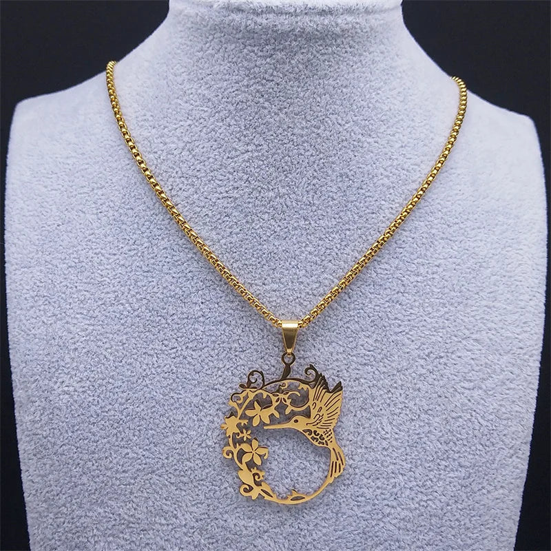 Bird Hummingbird Flower Necklace for Women Men Stainless Steel Gold Color Animal Pendant Necklaces Jewelry collar colibri N4626S