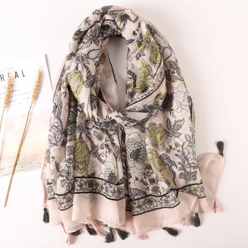 Women Fashion Large Cotton Flower Designs Tassel Prints Scarves Wrap Shawl Scarf