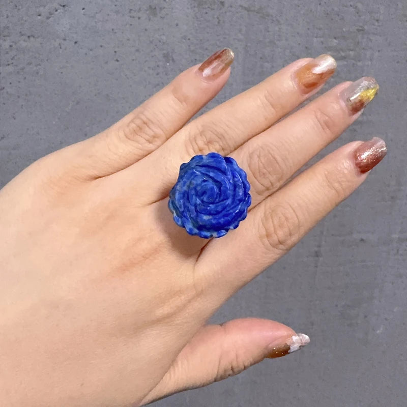 18k gold Vintage Large Rose Flower Natural Stone Engrave Blue Enchantress Luxury Wedding Ring