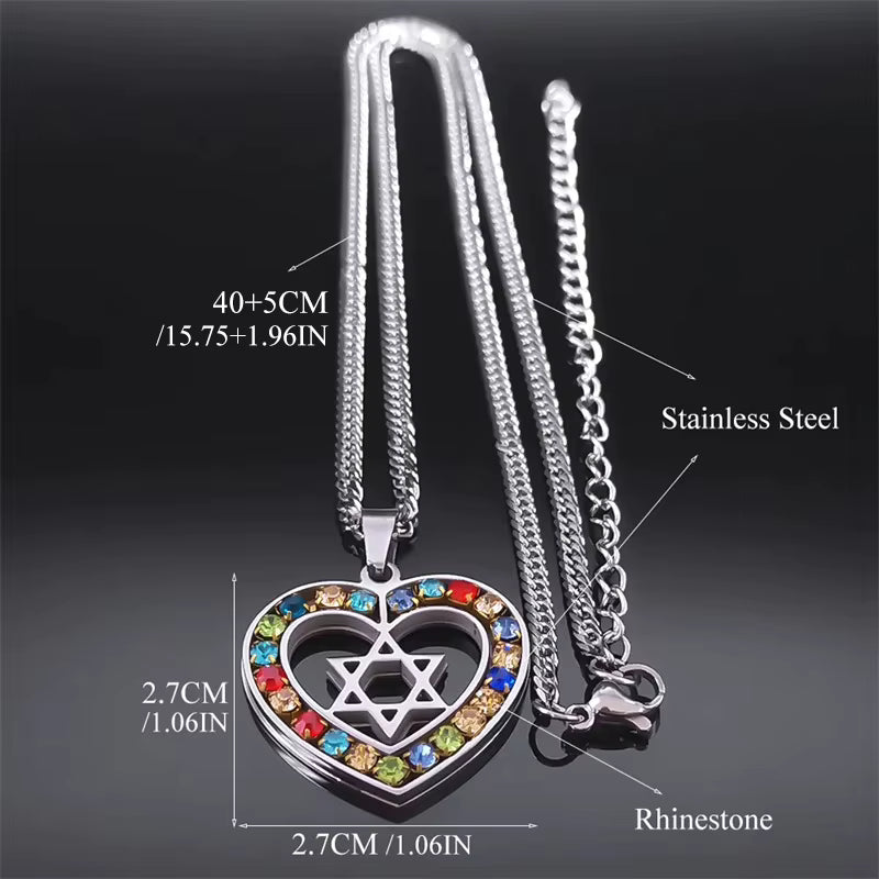 Women Men Silver Color Stainless Steel Jewish Star of David Hexagram Heart Shape Necklace