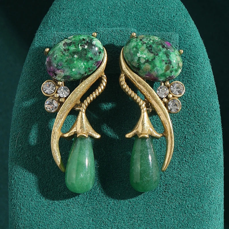 Antique Moss Green Natural Stone Flower Rhinestones Vintage Long Water Drop Earrings