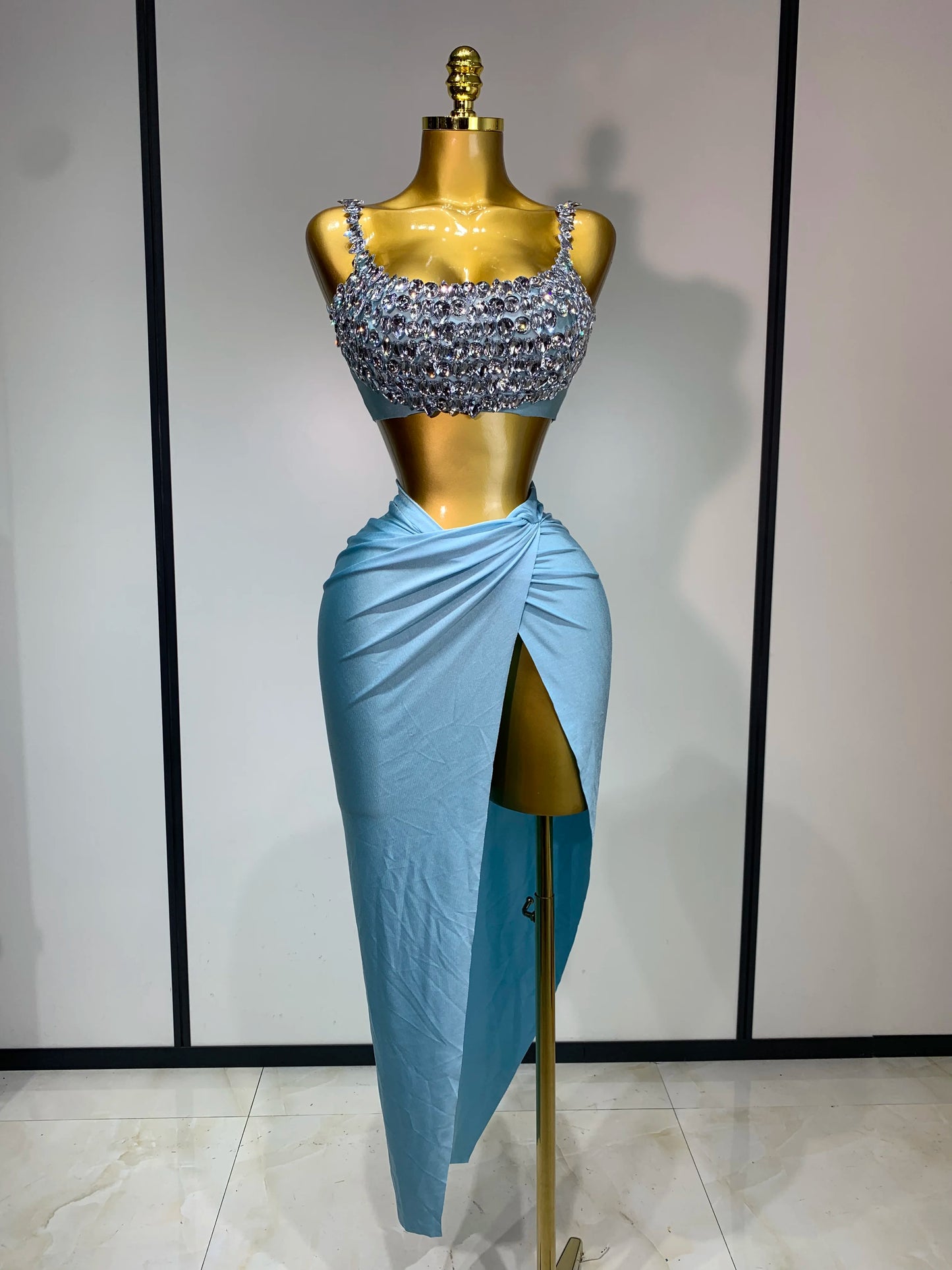 Women Sparkly Rhinestone Crop Tops Long Skirt Two Pieces Birthday Party Dinner Dress