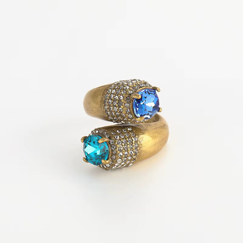 Women Blue Natural Stone Open Leopard Fashionable Water Drop Gold Color Pearl Flower Ring