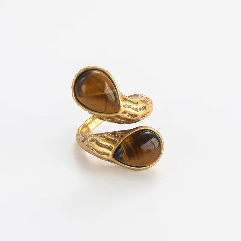 Women Blue Natural Stone Open Leopard Fashionable Water Drop Gold Color Pearl Flower Ring