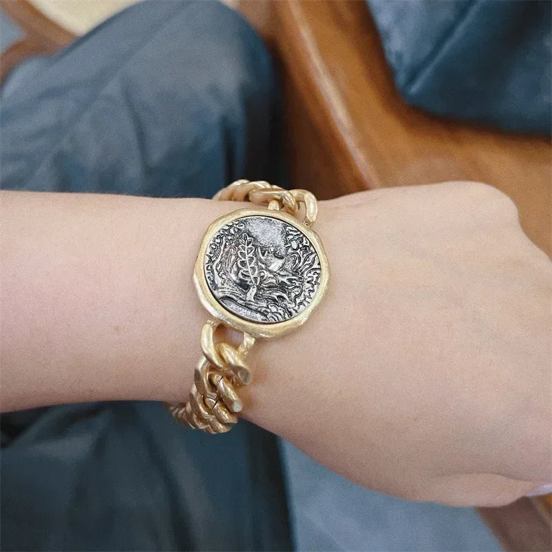 Vintage Copper Beauty Portrait Ancient Round Coin Wide Chain Women Bracelet