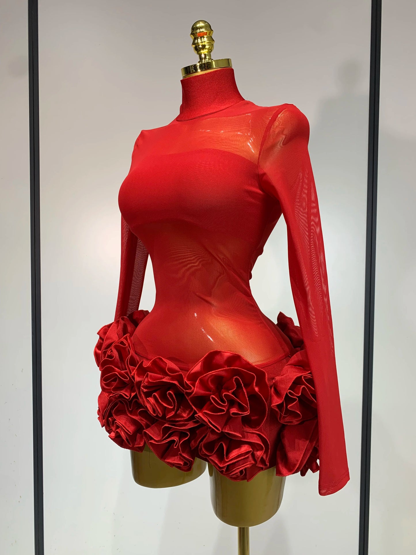 Sexy Mesh See through Stereoscopic Flowers White Red Mini Bandage Birthday Evening Party Dress