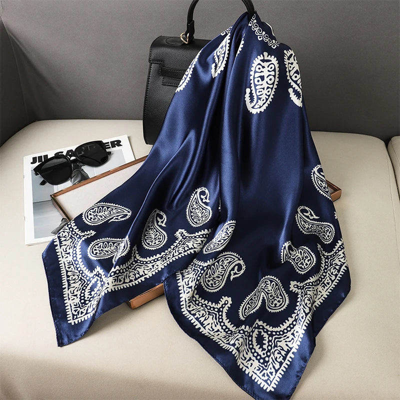 90cm Women Vintage Paisley Square Silk Shawls Printed Wraps Bandana Scarves