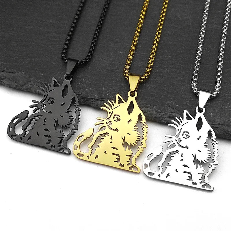 Siamese Kitten Kitty Animal Cat Unisex Stainless Steel Gold Silver Color Hollow Chain Pendant Necklace
