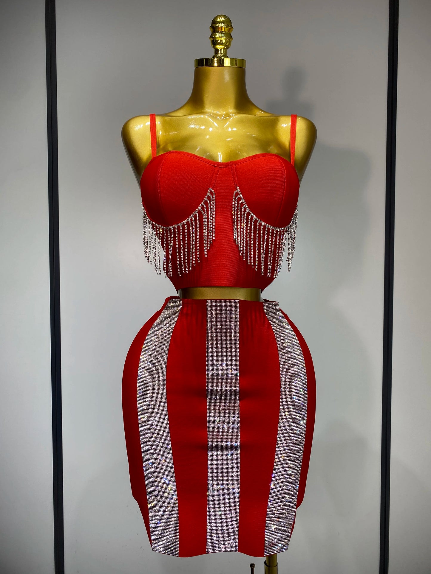 Sexy Sling Backless Tassels Bandage Skirt Two Piece Knitted Celebrity Prom Evening Birthday Dress