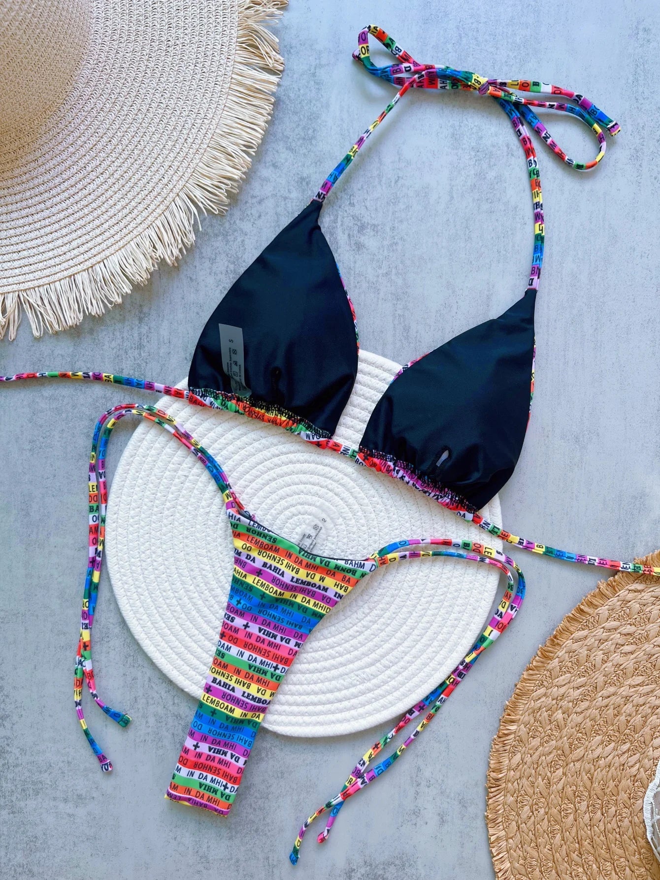 Sexy Printed Letters Colorful Mini Thong Bikini Swimwear Two-pieces Bikini Bathing Suit