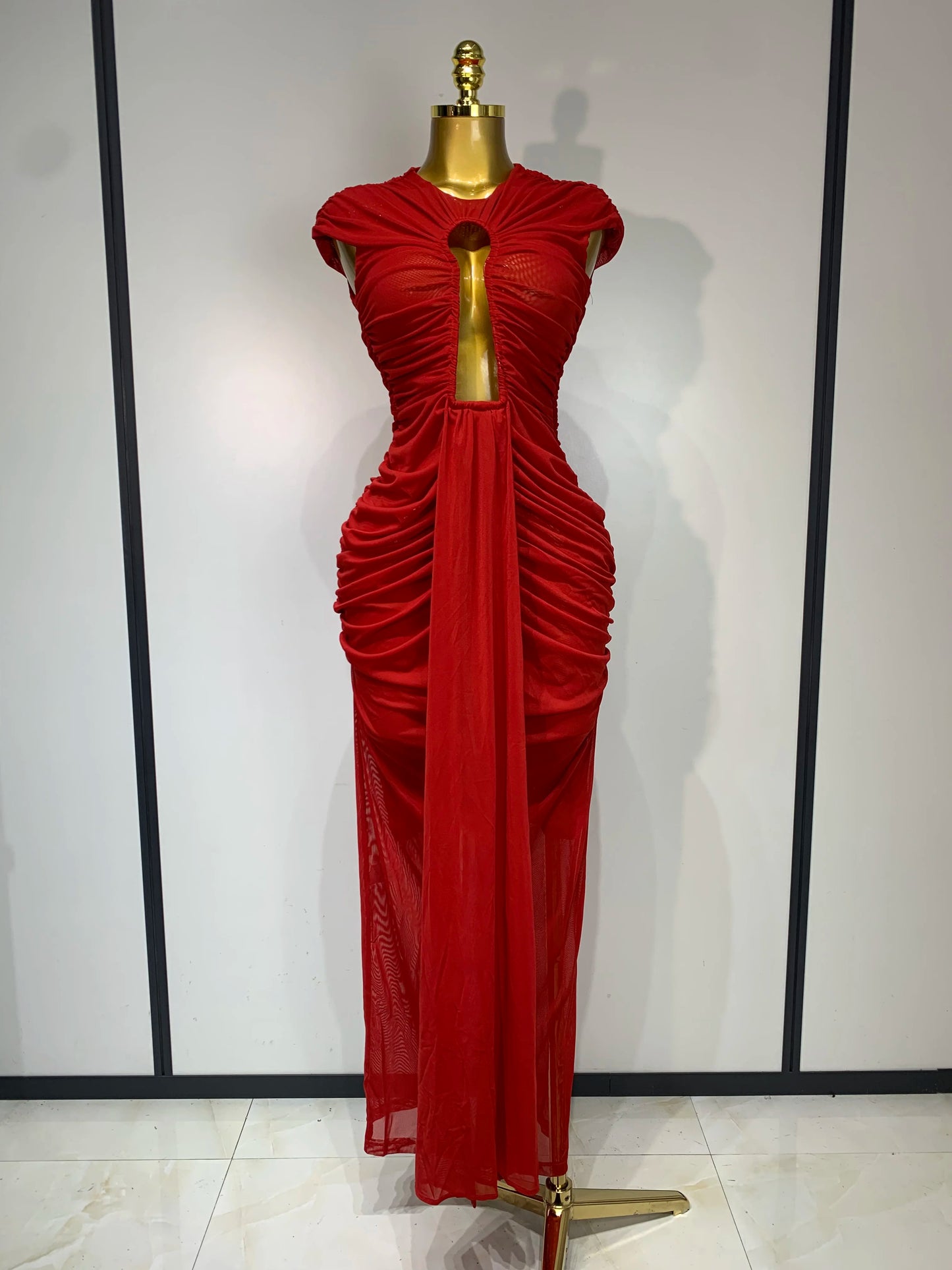 Sexy Sleeveless O-Neck Cut Out Bodycon Mesh Long Dress Celebrity Evening Party Club Dress