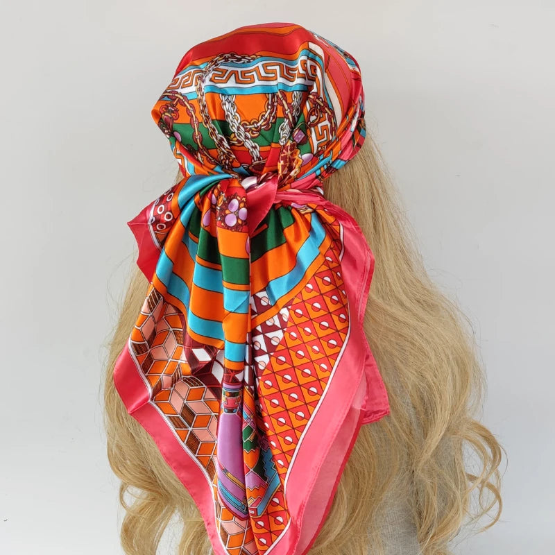 90cm Women Four Seasons Square Silk Satin Bandana Wrap Shawl Scarves Scarfs Sqk2